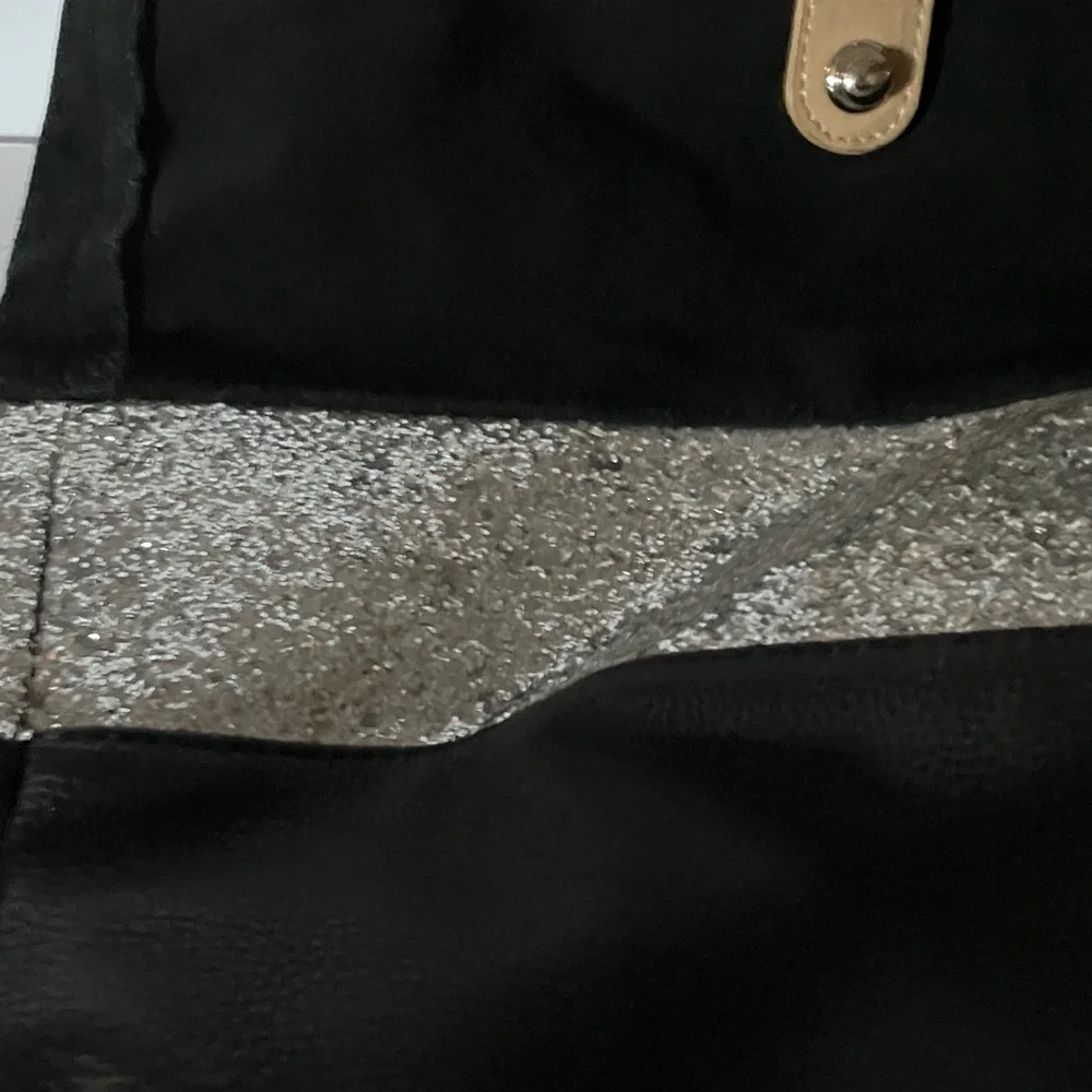 Steve Madden Black Tote with Silver Sparkle Stripe and‎ Tan Handles